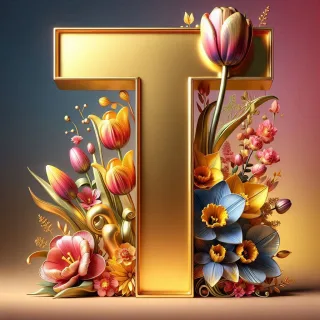 Shiny 3D Gold with Flowers — letter T (variant 2)