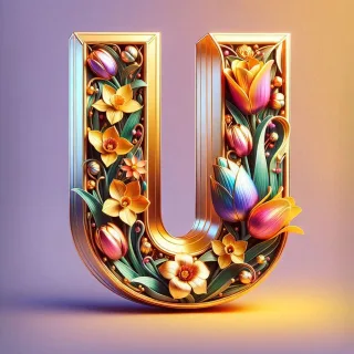 Shiny 3D Gold with Flowers — letter U