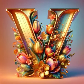 Shiny 3D Gold with Flowers — letter V