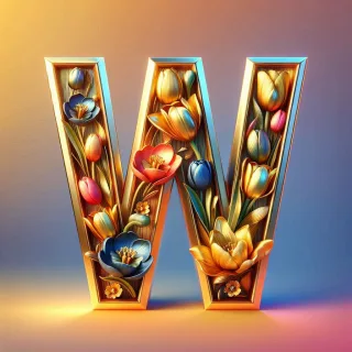 Shiny 3D Gold with Flowers — letter W