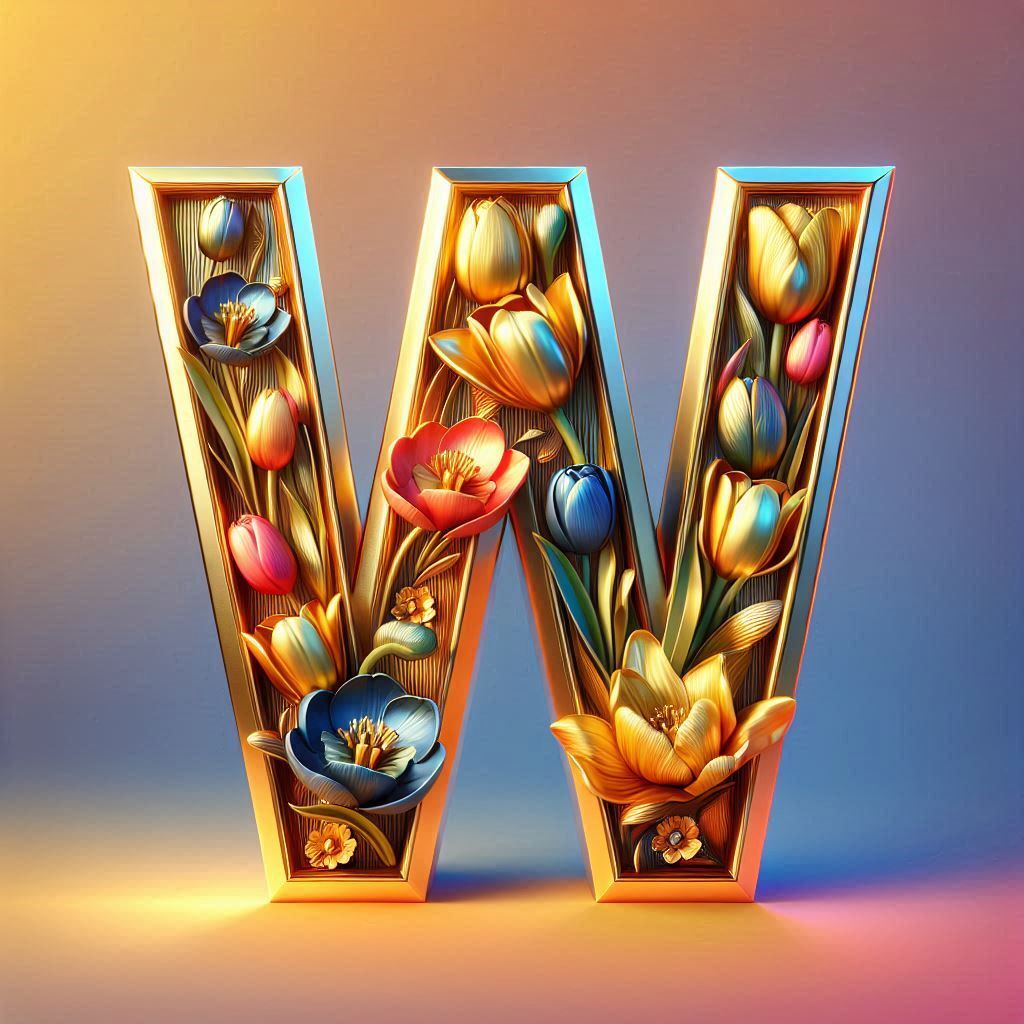 Shiny 3D Gold with Flowers — letter W