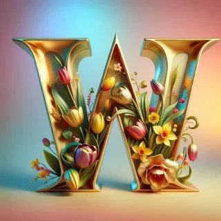 Shiny 3D Gold with Flowers — letter W (variant 2)
