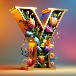 Shiny 3D Gold with Flowers — letter Y