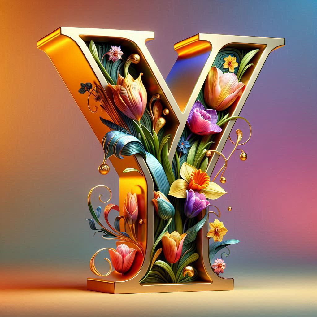 Shiny 3D Gold with Flowers — letter Y