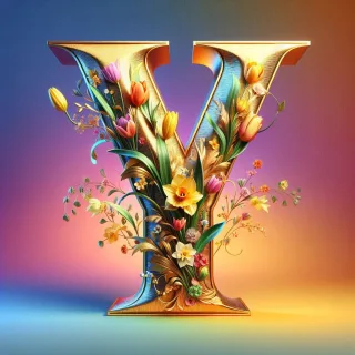 Shiny 3D Gold with Flowers — letter Y (variant 2)
