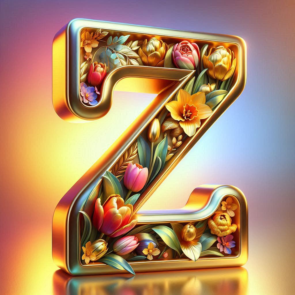 Shiny 3D Gold with Flowers — letter Z