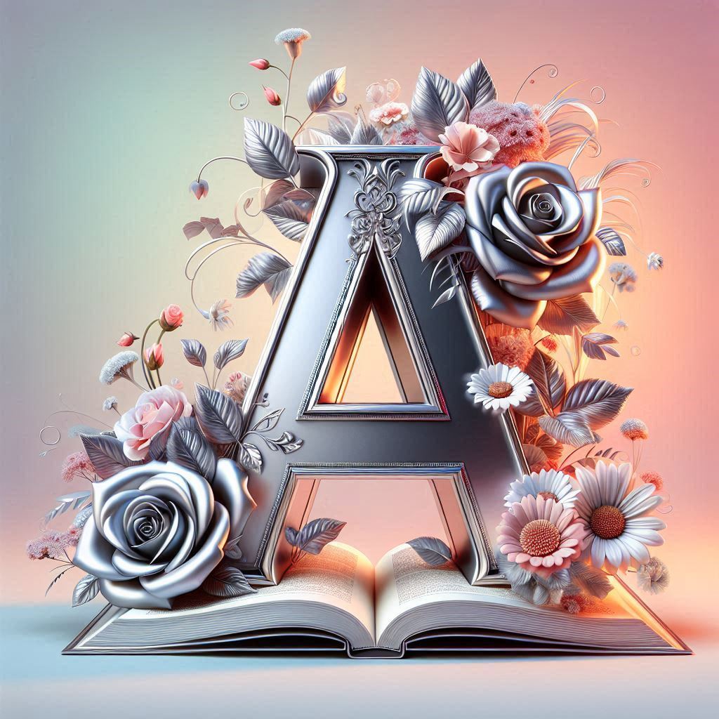 Shiny 3D Silver with Roses — letter A (variant 2)