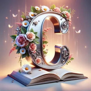 Shiny 3D Silver with Roses — letter C (variant 2)