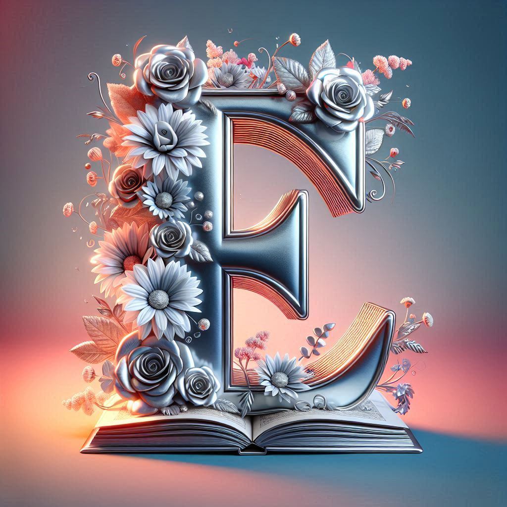Shiny 3D Silver with Roses — letter E