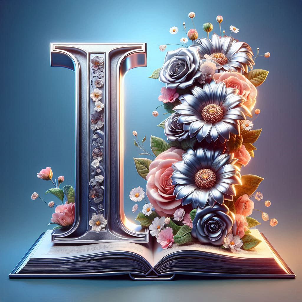 Shiny 3D Silver with Roses — letter I (variant 2)