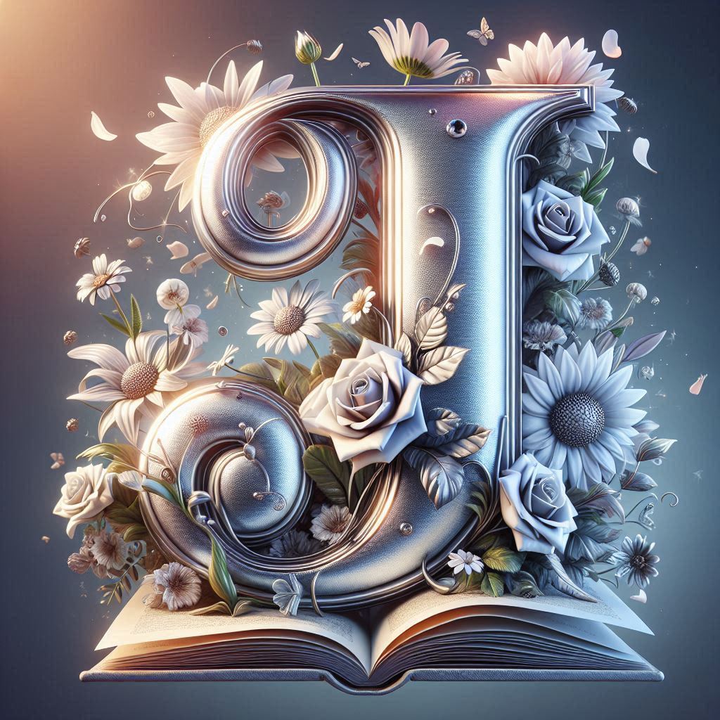 Shiny 3D Silver with Roses — letter J (variant 2)
