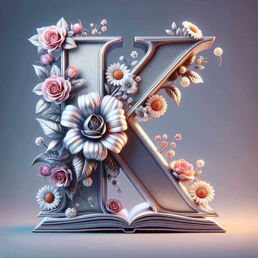 Shiny 3D Silver with Roses — letter K