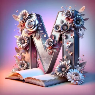 Shiny 3D Silver with Roses — letter M