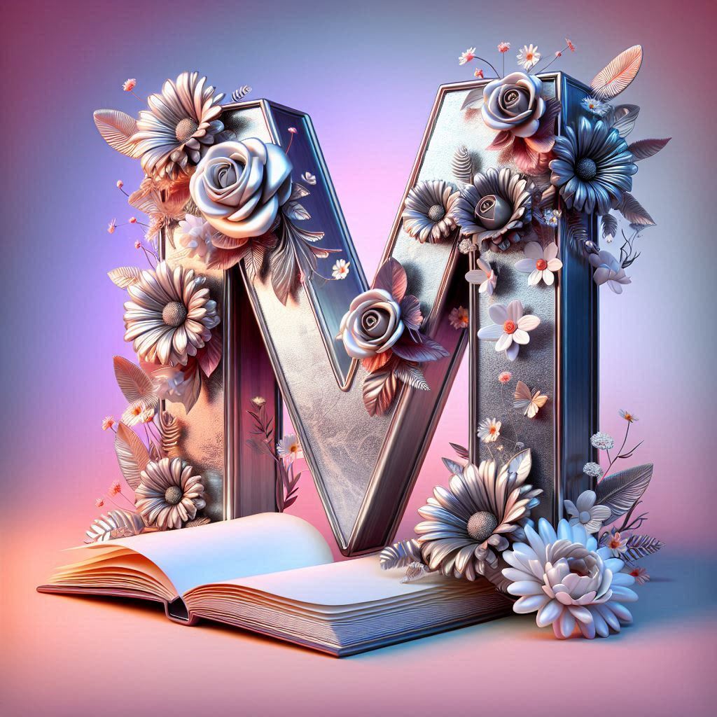 Shiny 3D Silver with Roses — letter M