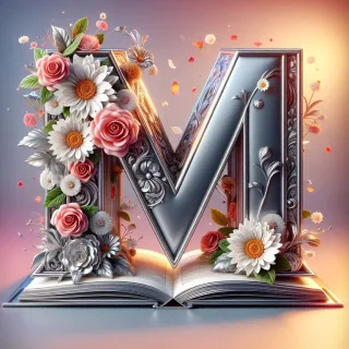 Shiny 3D Silver with Roses — letter M (variant 2)