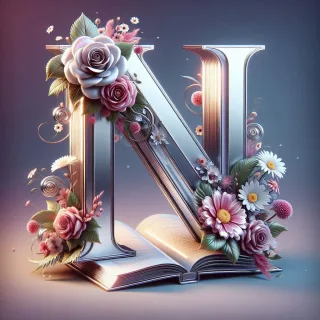 Shiny 3D Silver with Roses — letter N