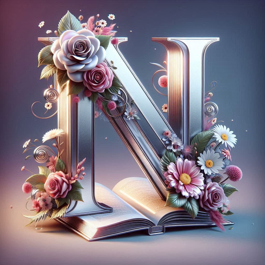 Shiny 3D Silver with Roses — letter N