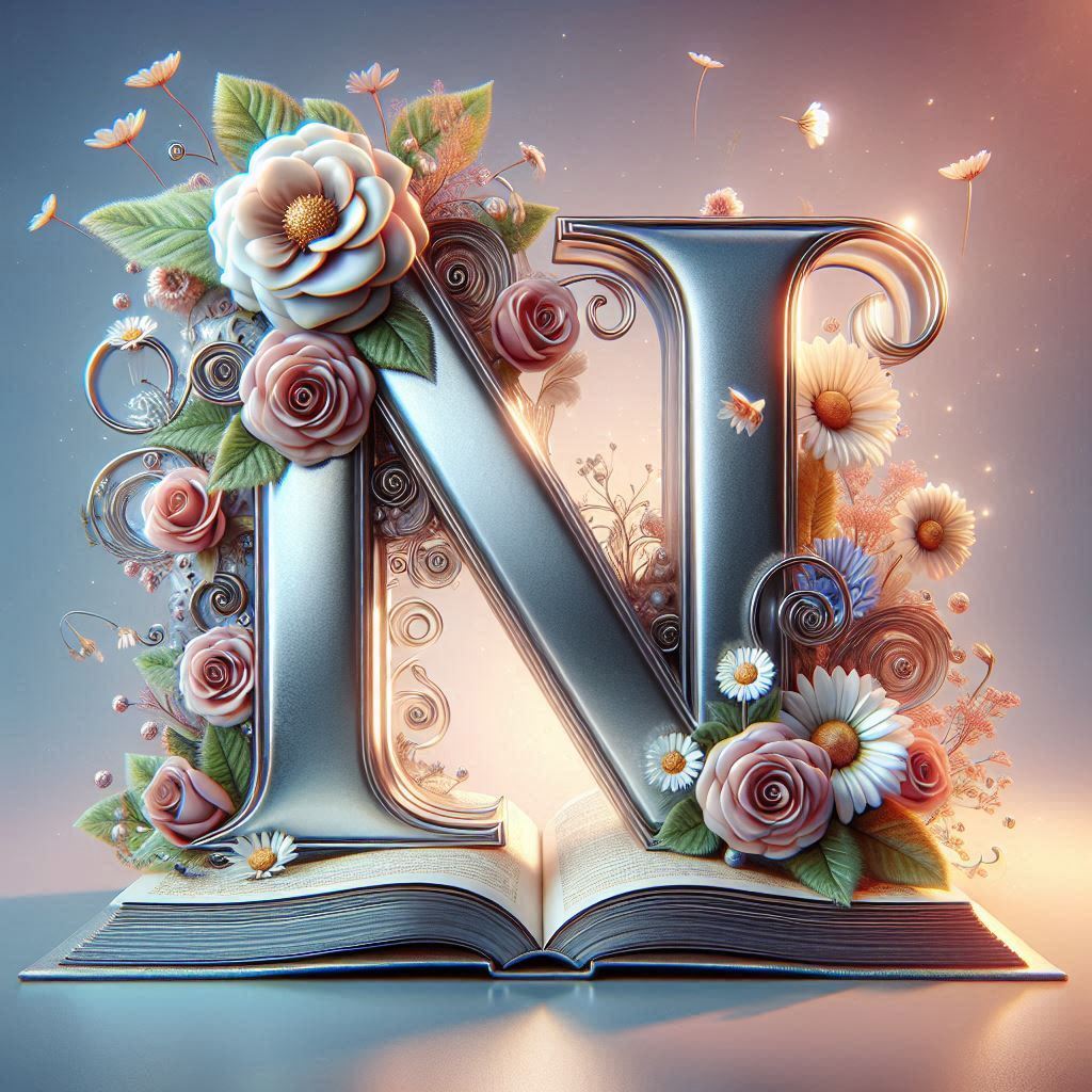 Shiny 3D Silver with Roses — letter N (variant 2)