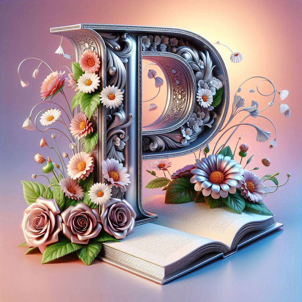 Shiny 3D Silver with Roses — letter P (variant 2)