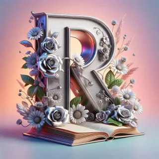 Shiny 3D Silver with Roses — letter R (variant 2)