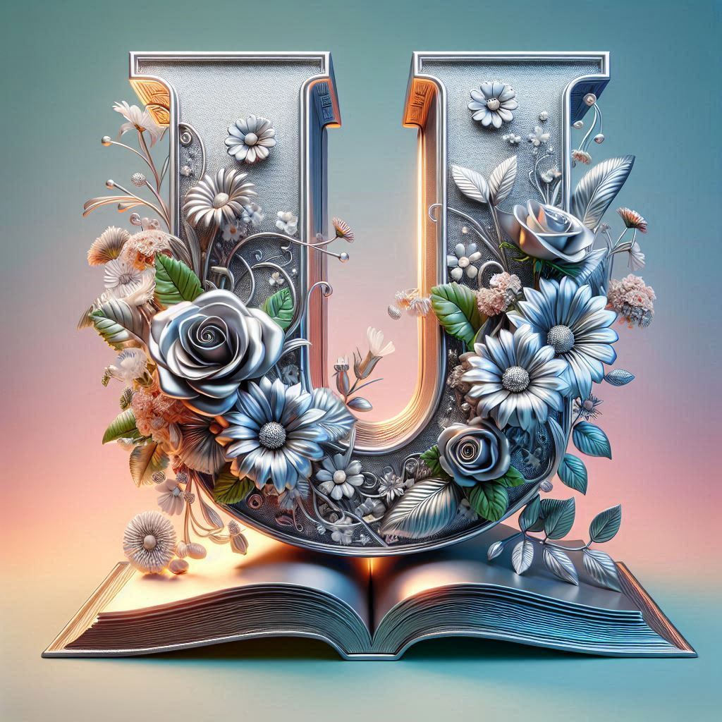Shiny 3D Silver with Roses — letter U