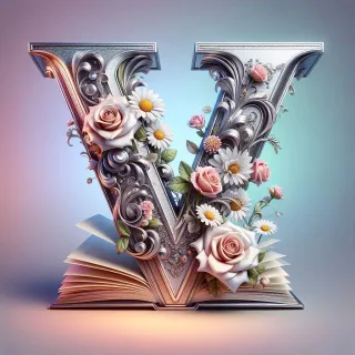 Shiny 3D Silver with Roses — letter V