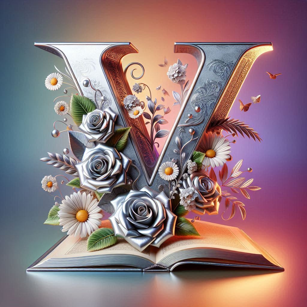 Shiny 3D Silver with Roses — letter V (variant 2)
