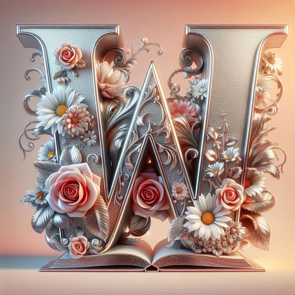 Shiny 3D Silver with Roses — letter W
