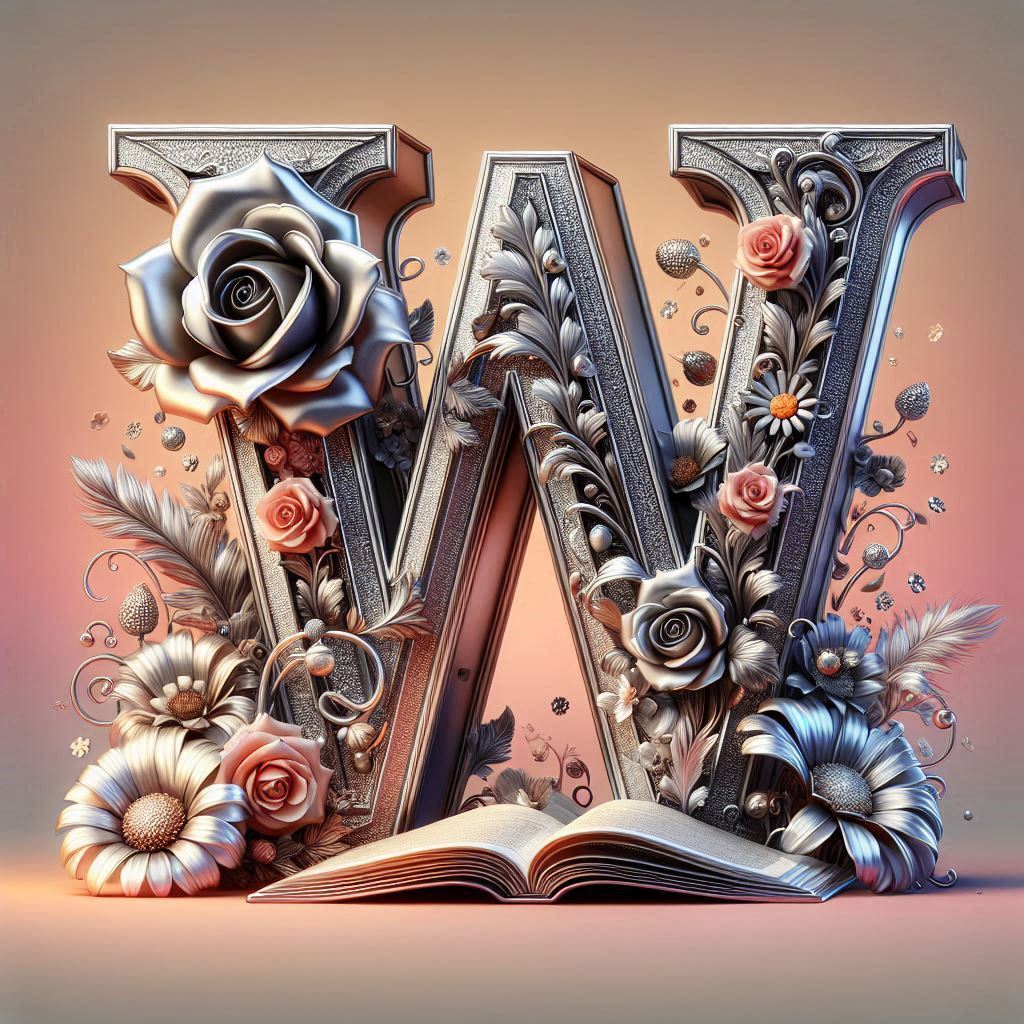 Shiny 3D Silver with Roses — letter W (variant 2)