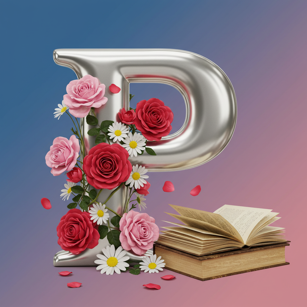 Silver with roses — letter P (variant 2)