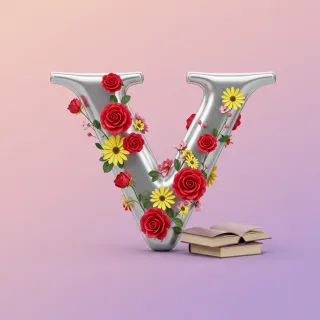 Silver with roses — letter V
