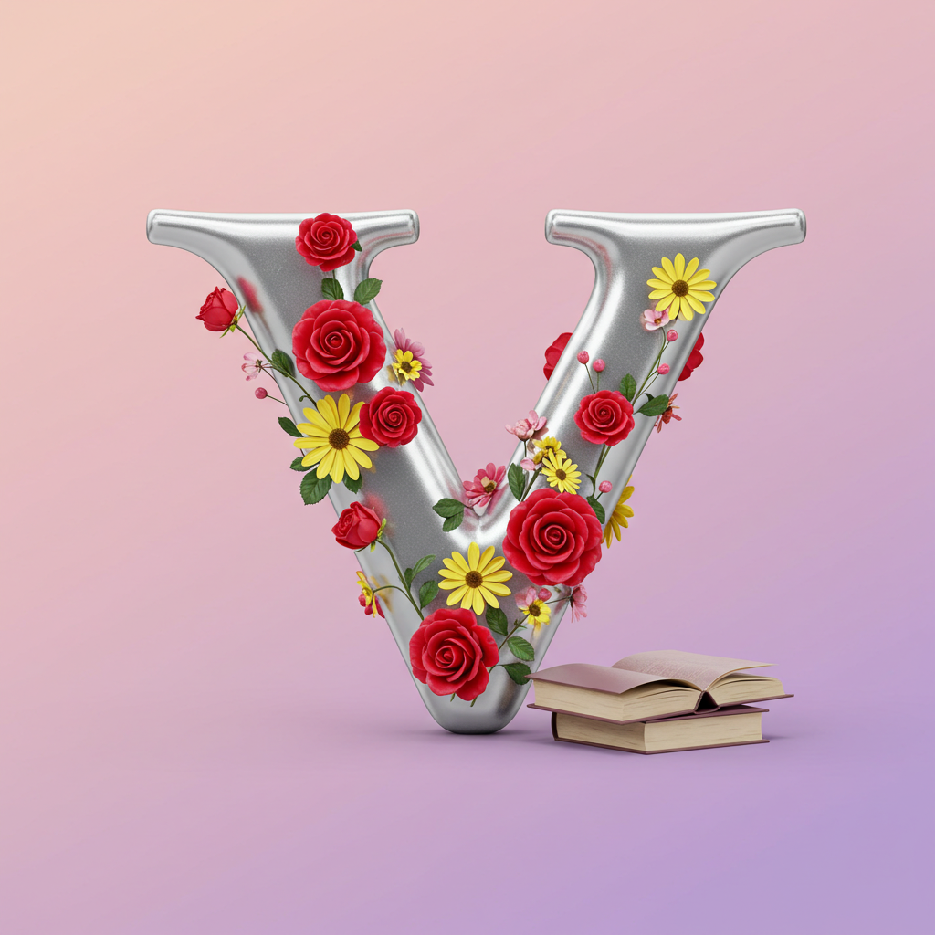 Silver with roses — letter V