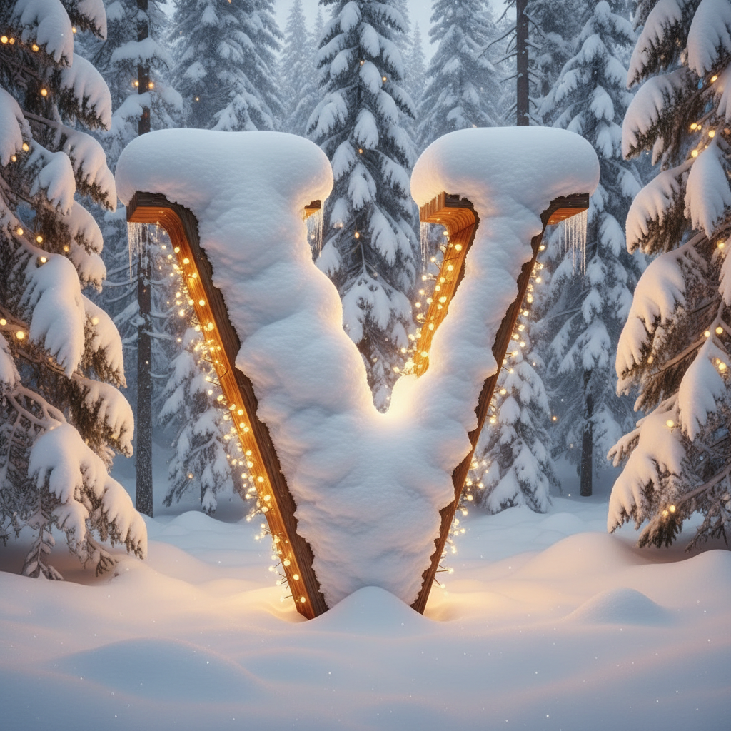 Snow-covered forest — letter V
