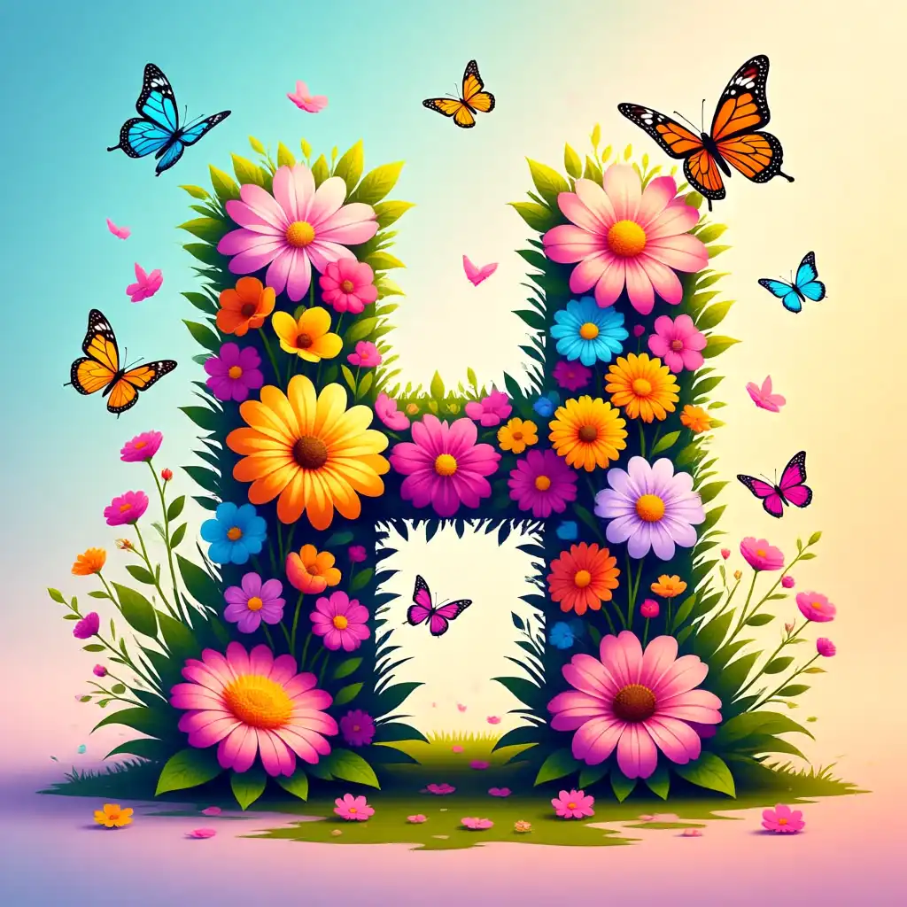 Colorful flowers and butterflies — litera H