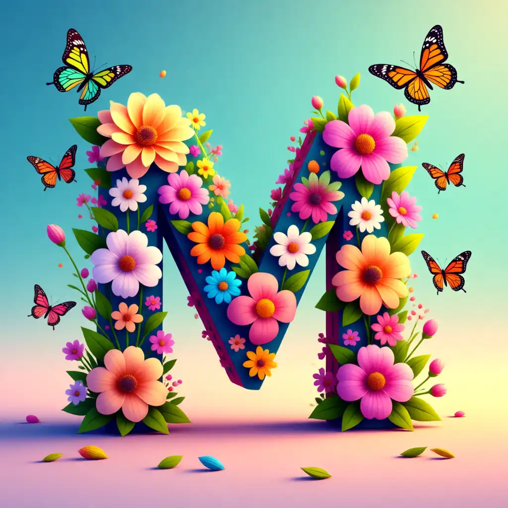 Colorful flowers and butterflies — litera M