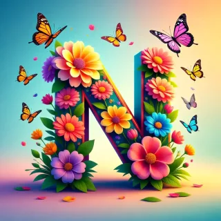 Colorful flowers and butterflies — litera N