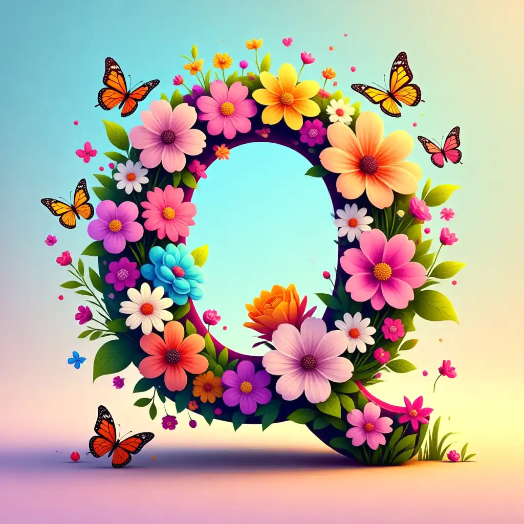 Colorful flowers and butterflies — litera Q