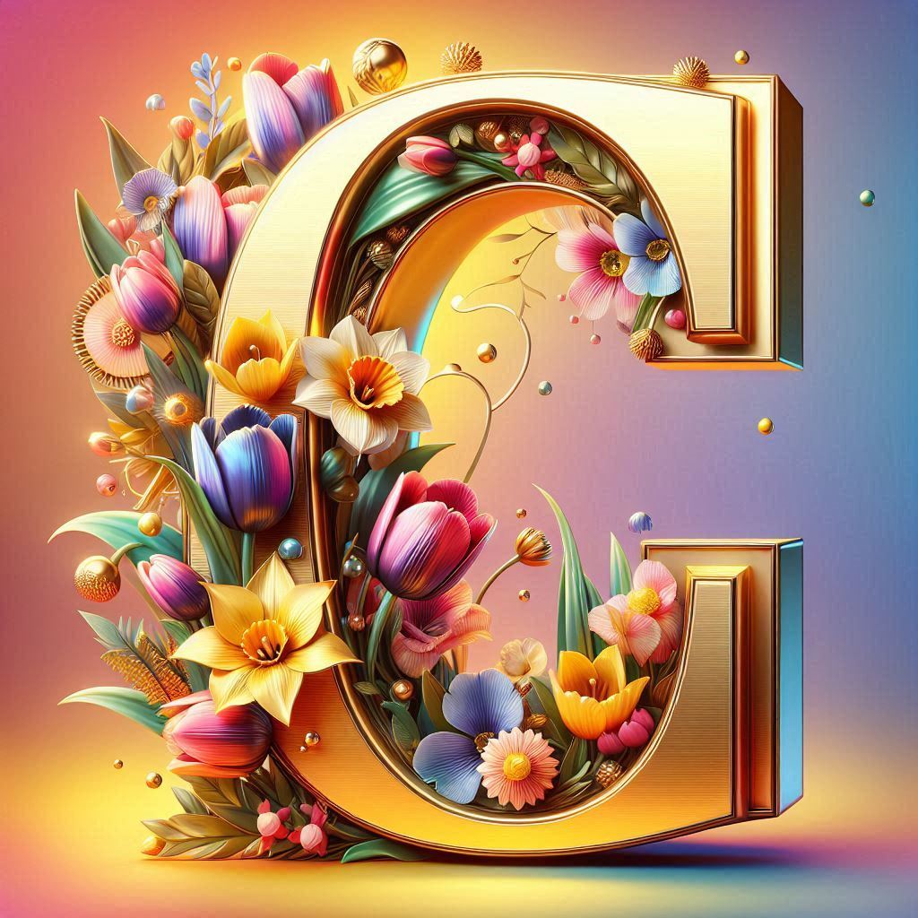 Shiny 3D Gold with Flowers — litera C (wariant 2)