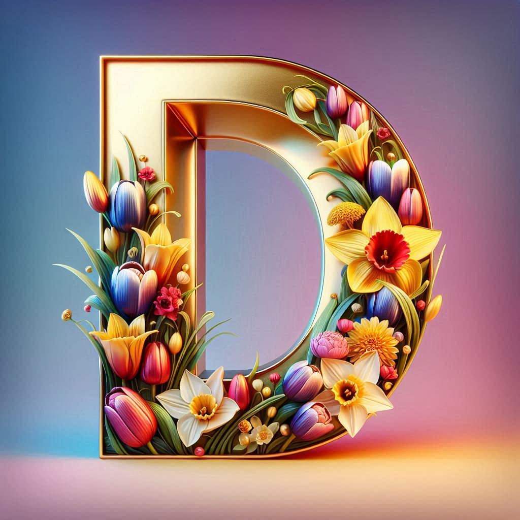 Shiny 3D Gold with Flowers — litera D (wariant 2)