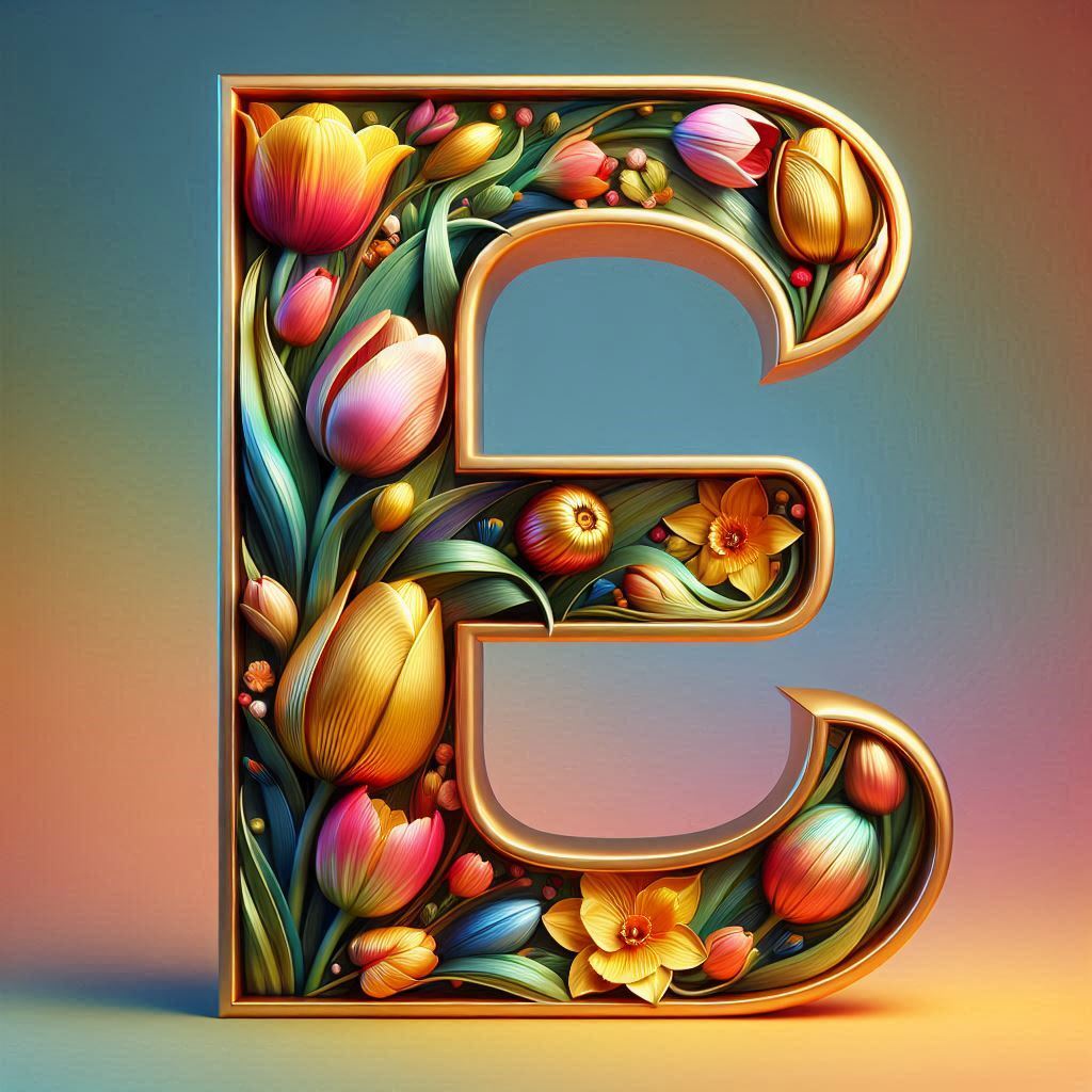 Shiny 3D Gold with Flowers — litera E (wariant 2)