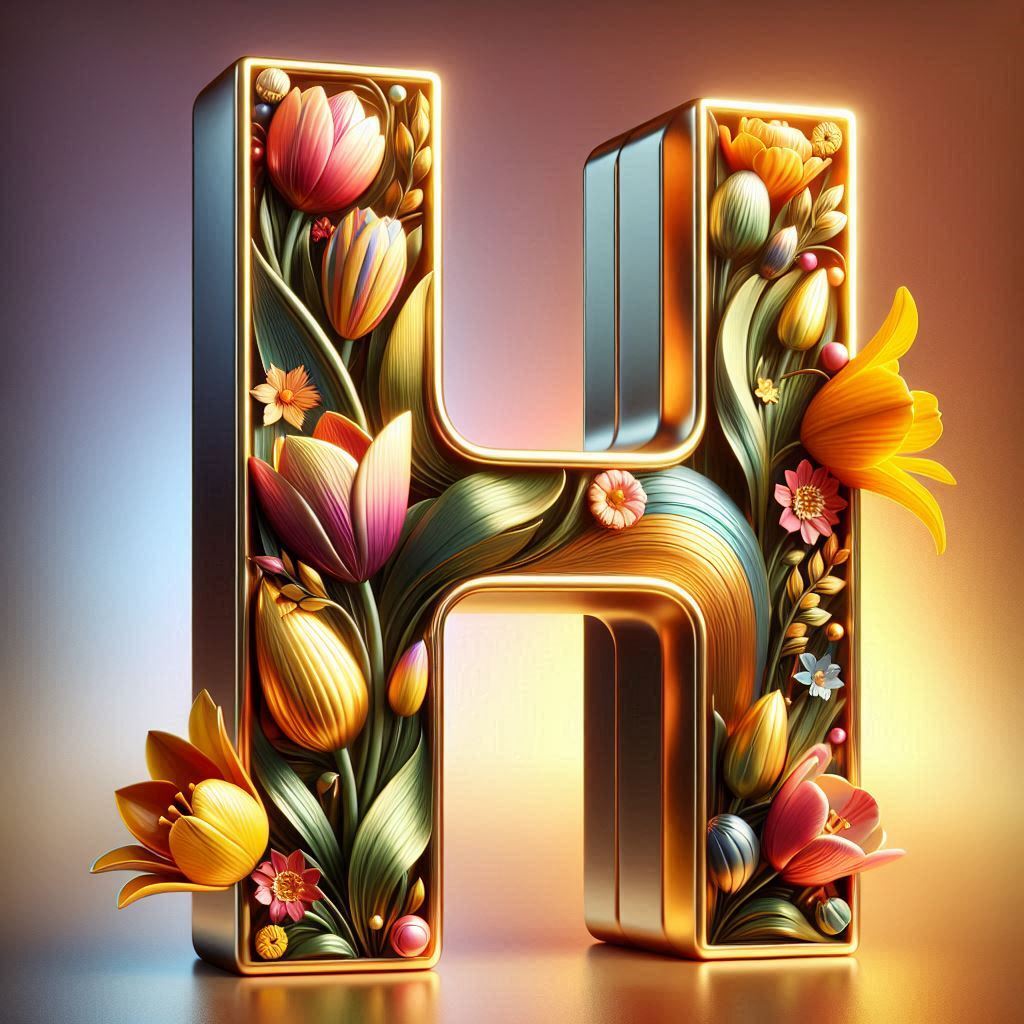 Shiny 3D Gold with Flowers — litera H (wariant 2)