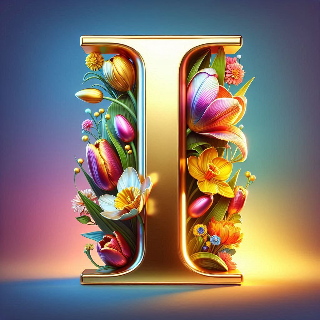 Shiny 3D Gold with Flowers — litera I