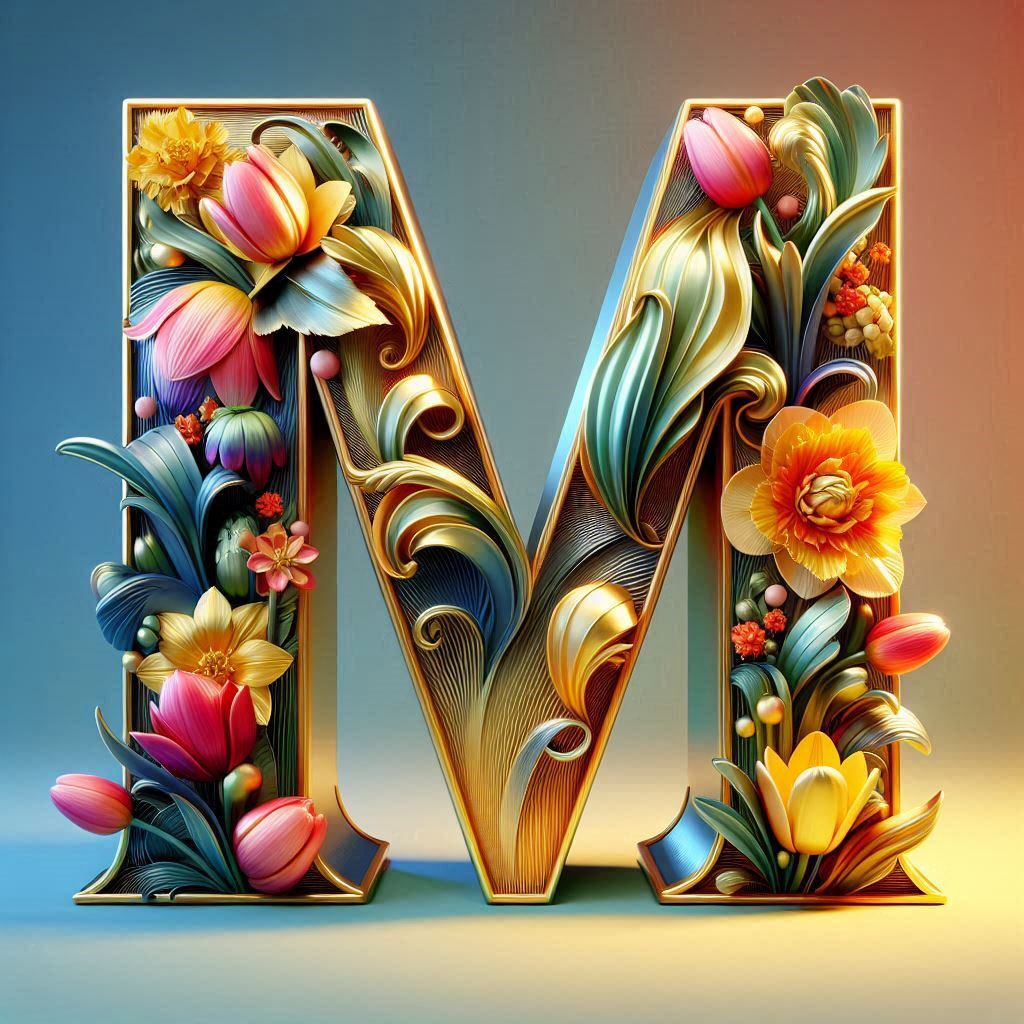 Shiny 3D Gold with Flowers — litera M (wariant 2)