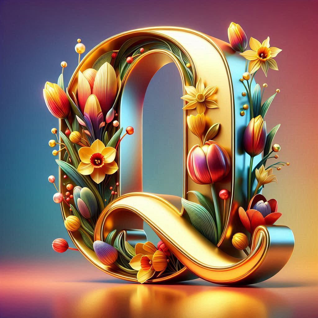 Shiny 3D Gold with Flowers — litera Q (wariant 2)