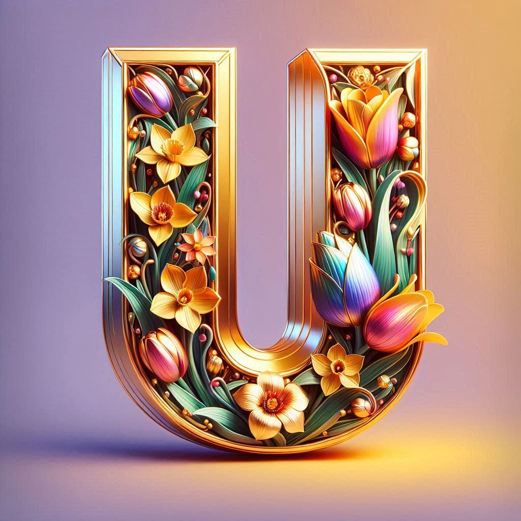 Shiny 3D Gold with Flowers — litera U