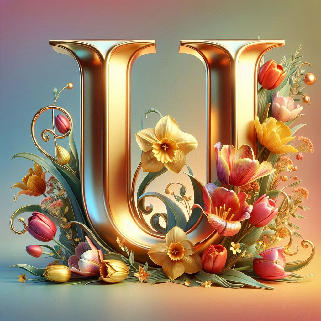 Shiny 3D Gold with Flowers — litera U (wariant 2)