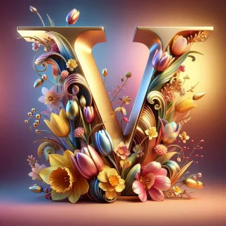 Shiny 3D Gold with Flowers — litera V (wariant 2)