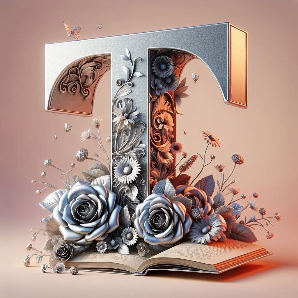 Shiny 3D Silver with Roses — litera T (wariant 2)