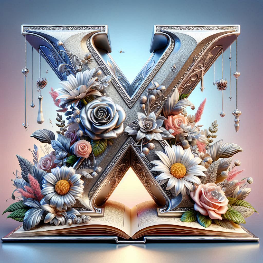 Shiny 3D Silver with Roses — litera X (wariant 2)